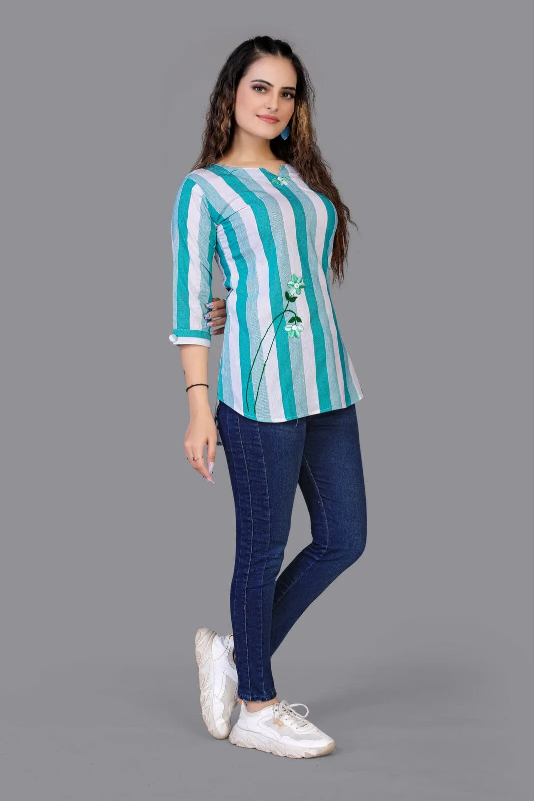 Aarvi Aqua Blue Cotton Tunics