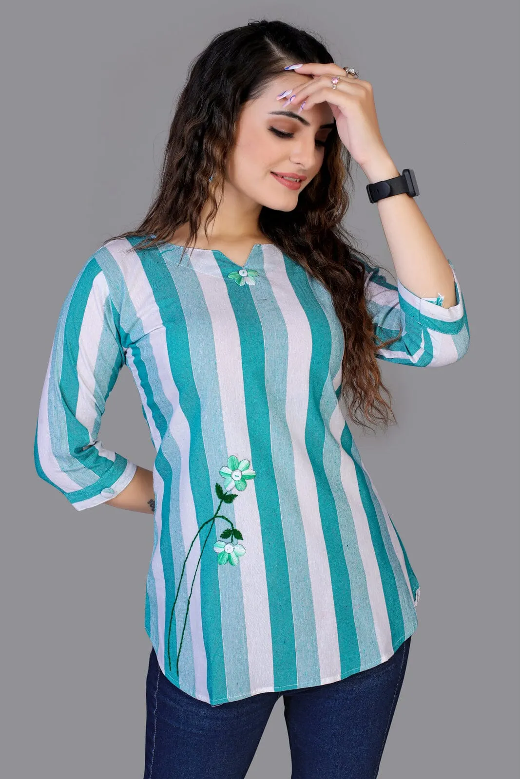 Aarvi Aqua Blue Cotton Tunics