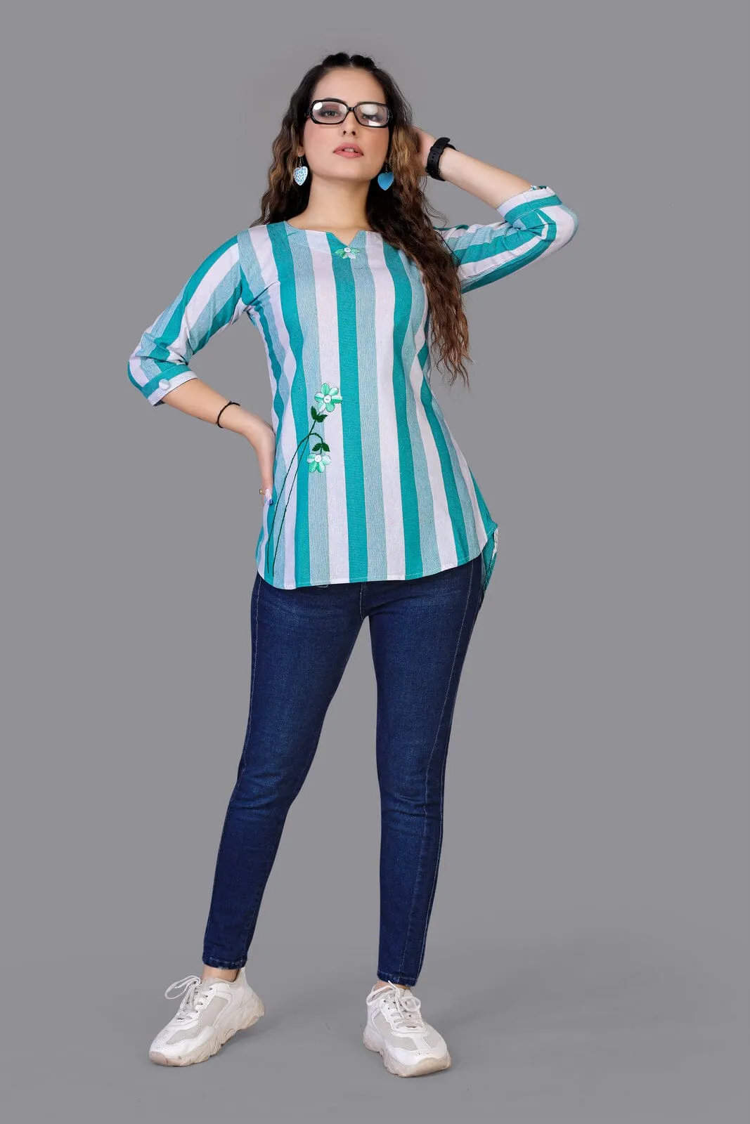 Aarvi Aqua Blue Cotton Tunics