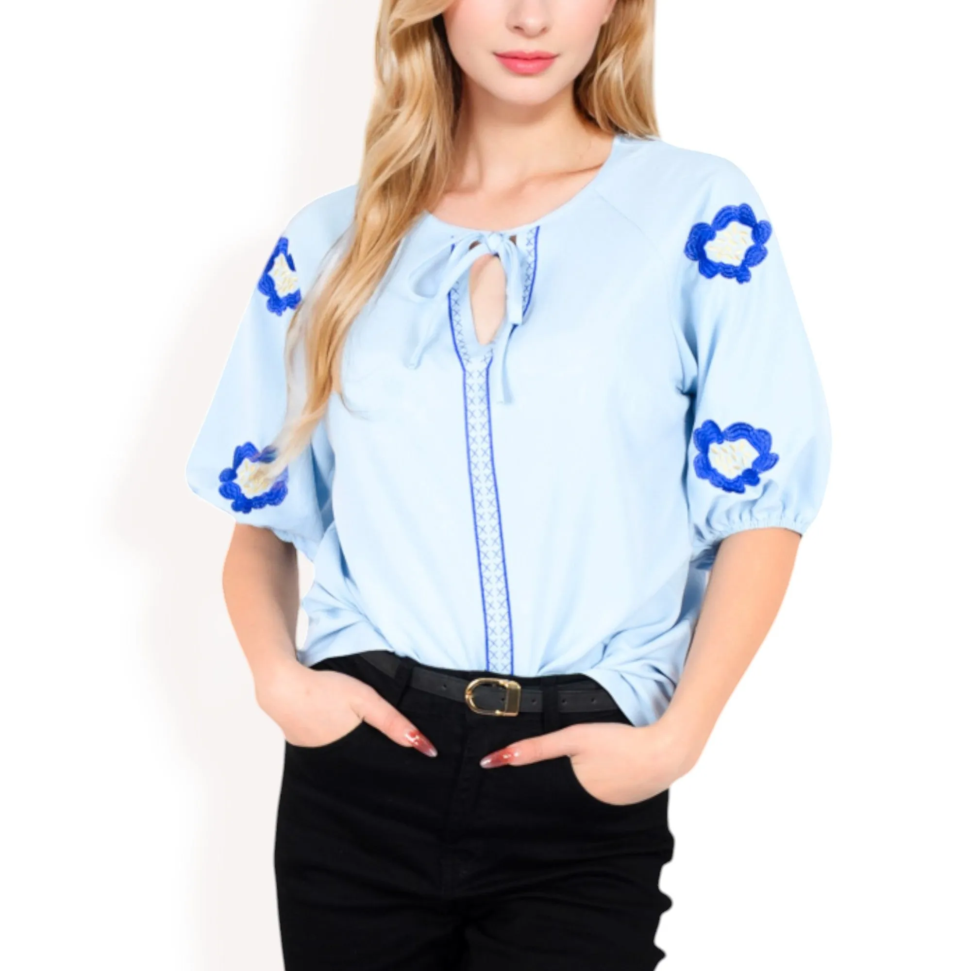 Anna-Kaci Women's Floral Embroidered Blouse with Puff Sleeves and V-Neckline