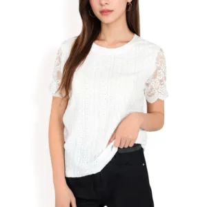 Anna-Kaci Women's Lace Eyelet Top with Scalloped Short Sleeves and Embroidered Details