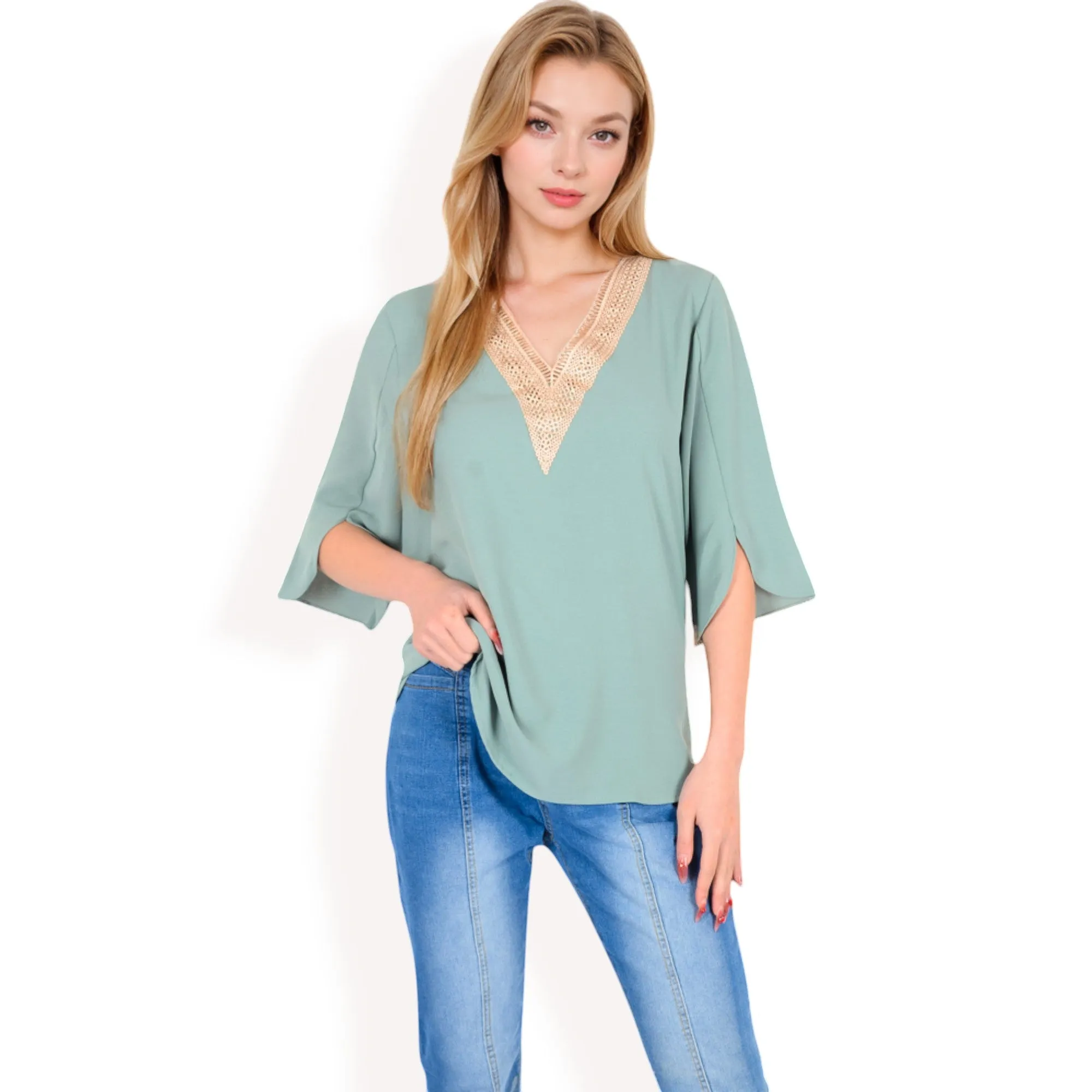 Anna-Kaci Women's Split Sleeve V-Neck Blouse with Crochet Detail