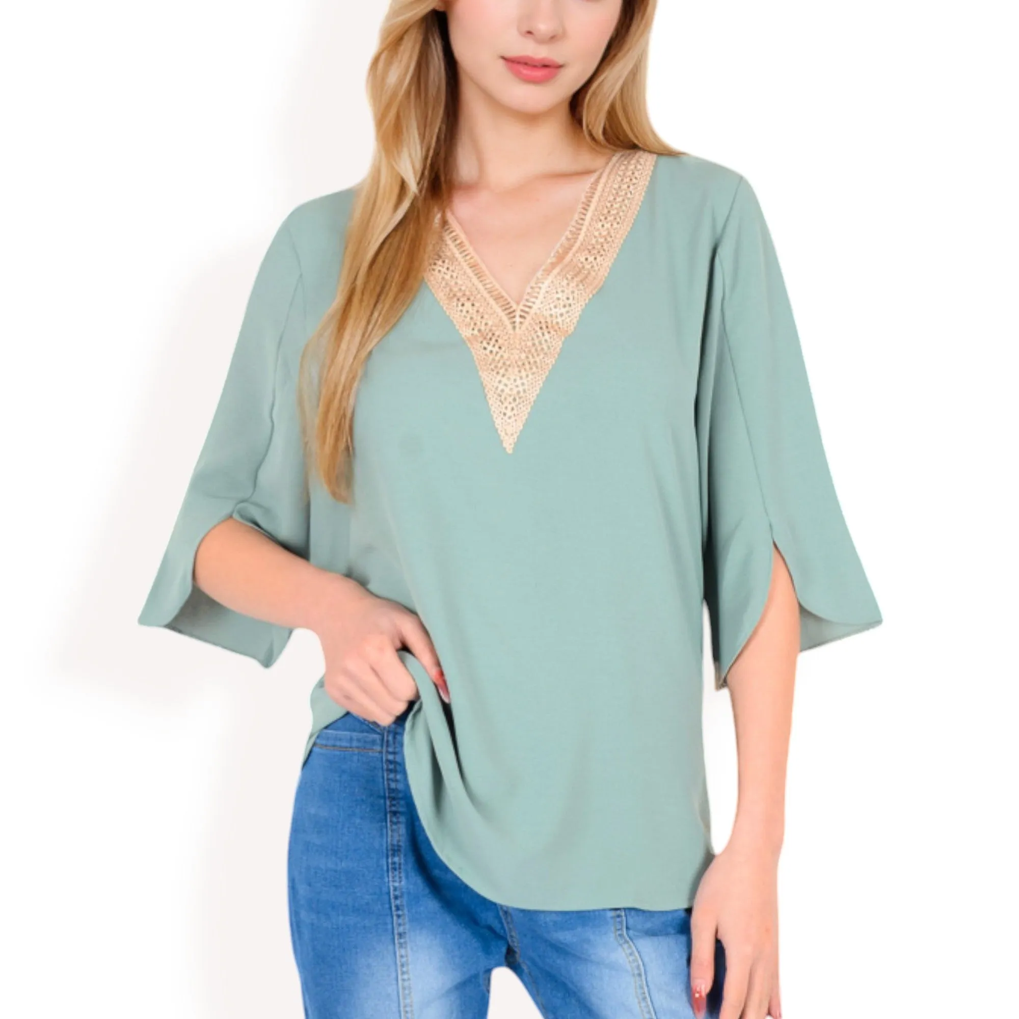 Anna-Kaci Women's Split Sleeve V-Neck Blouse with Crochet Detail