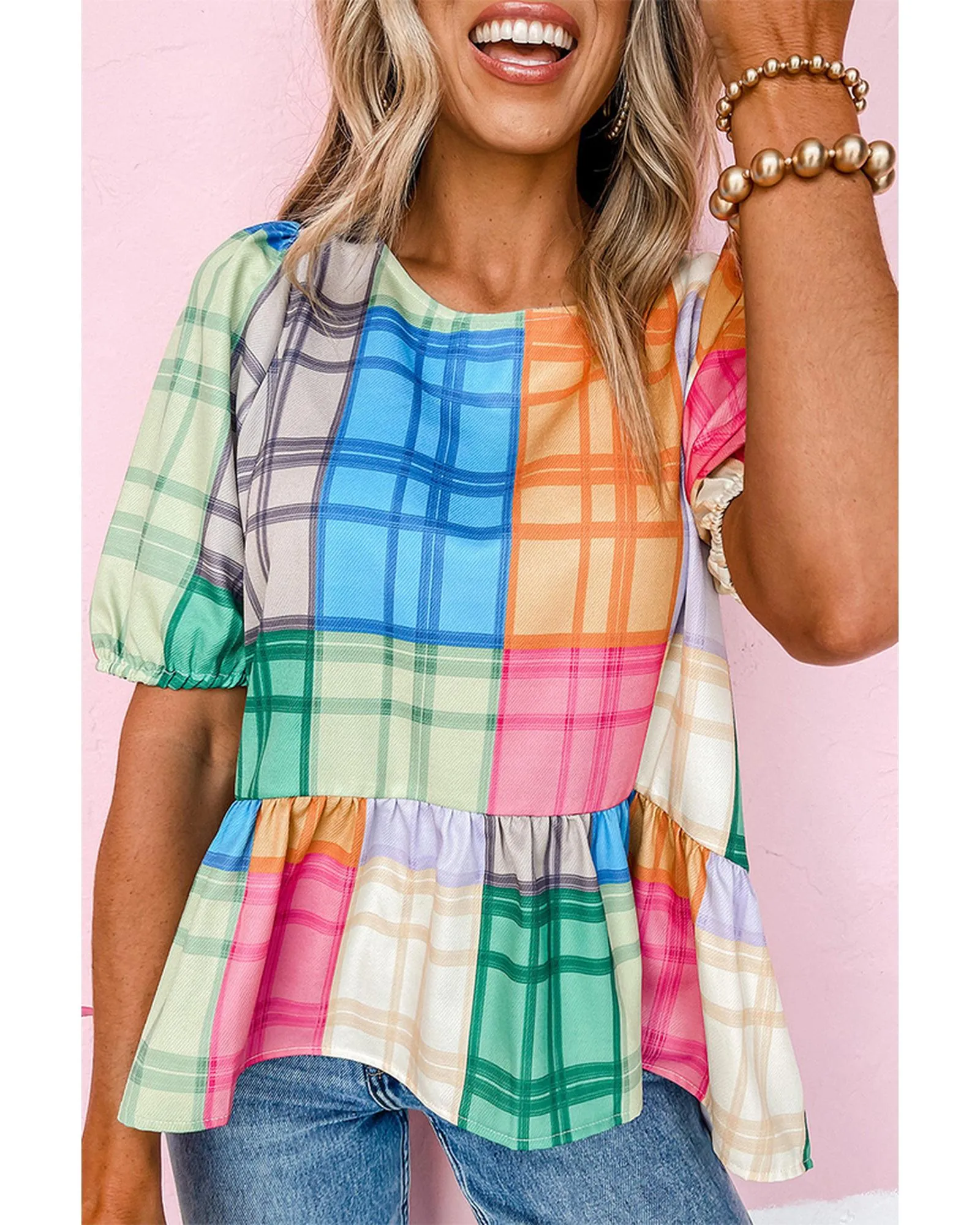 Azura Exchange Bold Plaid Color Block Puff Sleeve Peplum Top - L