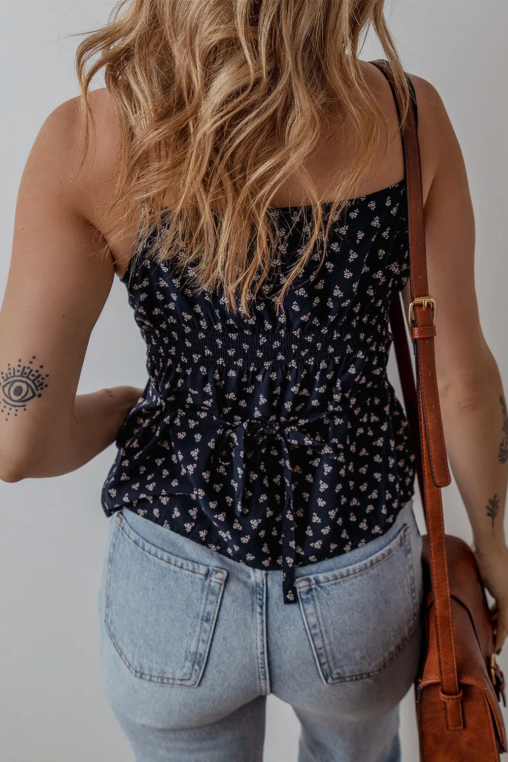 Blue Floral Print Spaghetti Strap Buttoned V Neck Tank Top