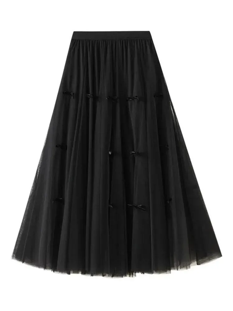 Bow Mesh Elastic A-Line Skirt