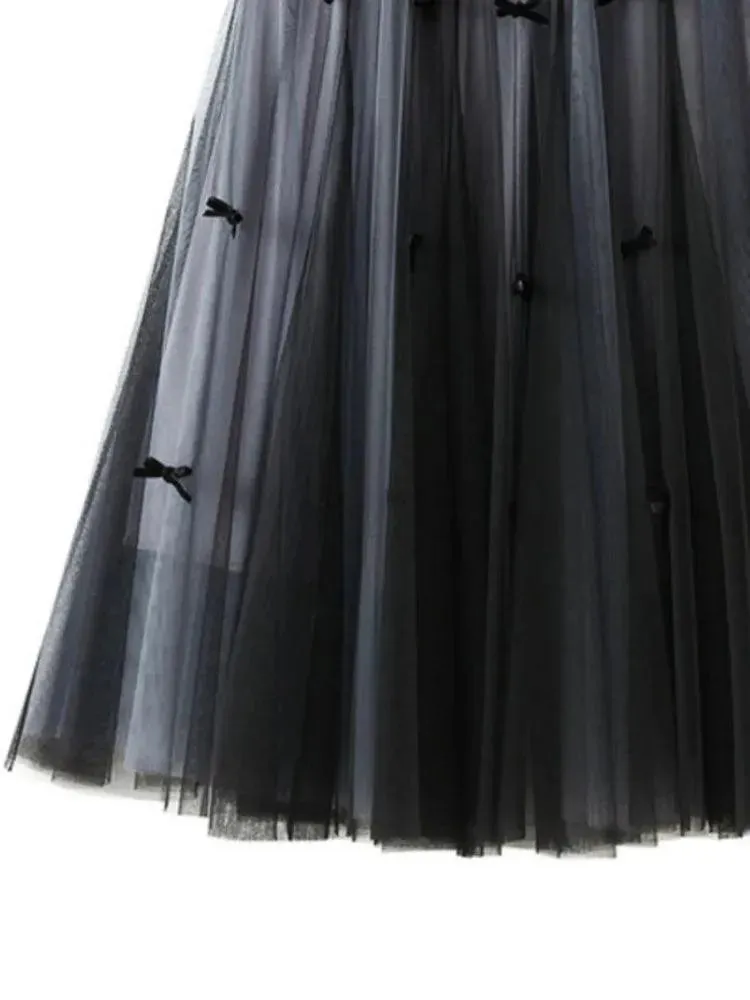 Bow Mesh Elastic A-Line Skirt