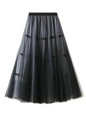 Bow Mesh Elastic A-Line Skirt