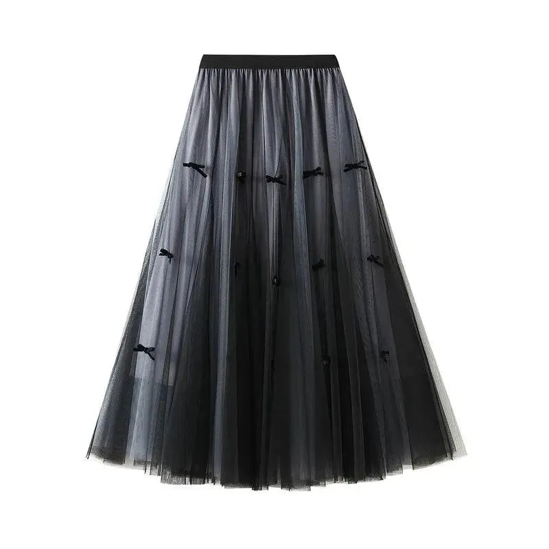 Bow Mesh Elastic A-Line Skirt