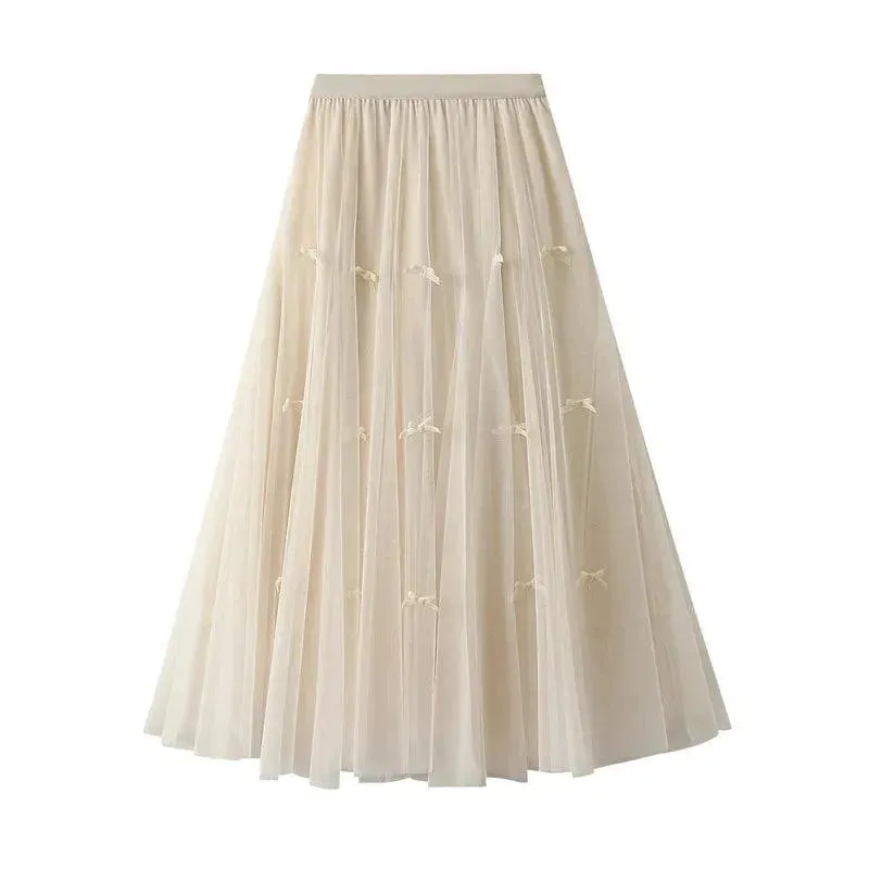 Bow Mesh Elastic A-Line Skirt