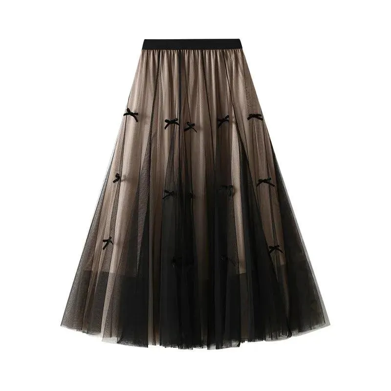 Bow Mesh Elastic A-Line Skirt