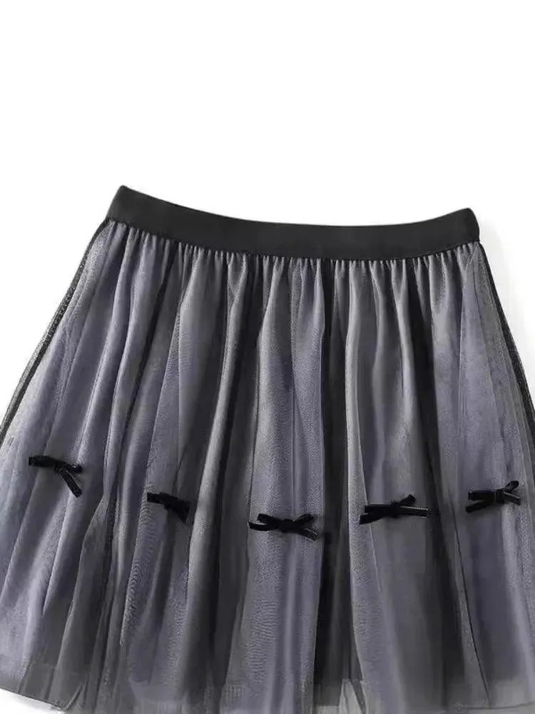 Bow Mesh Elastic A-Line Skirt