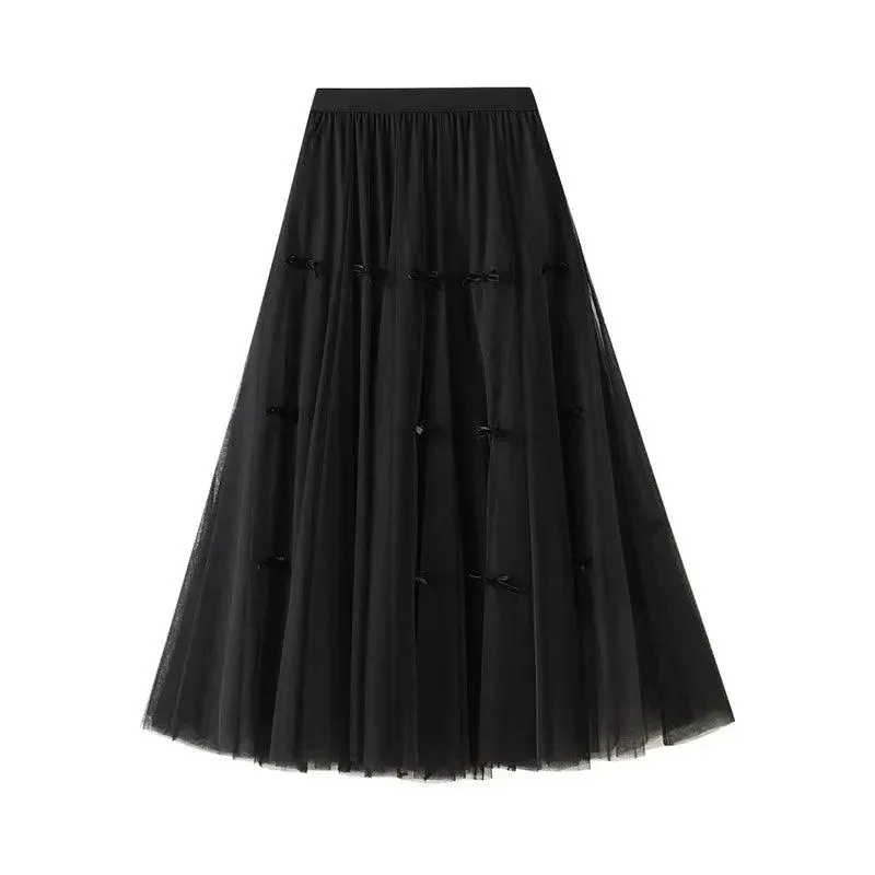 Bow Mesh Elastic A-Line Skirt