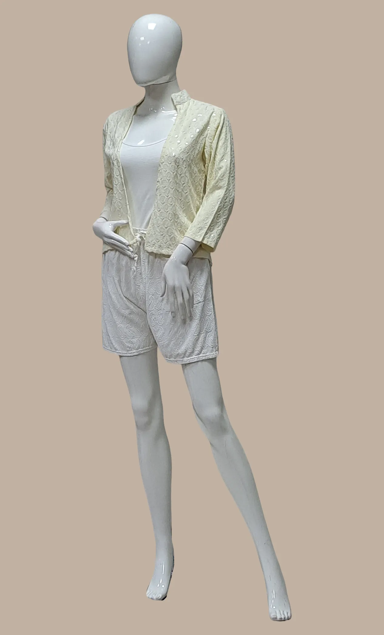 Cream Embroidered Fusion Jacket & Shorts