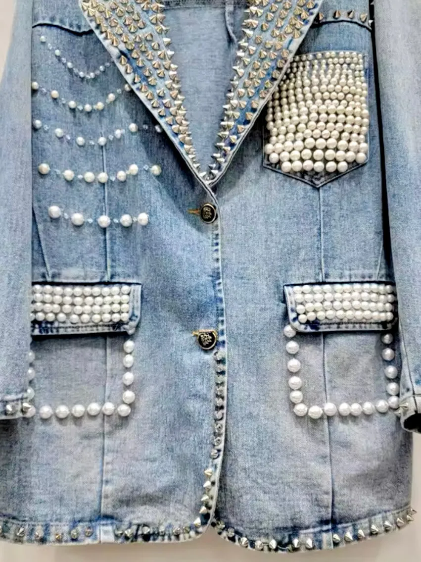 Denim pearls blazer