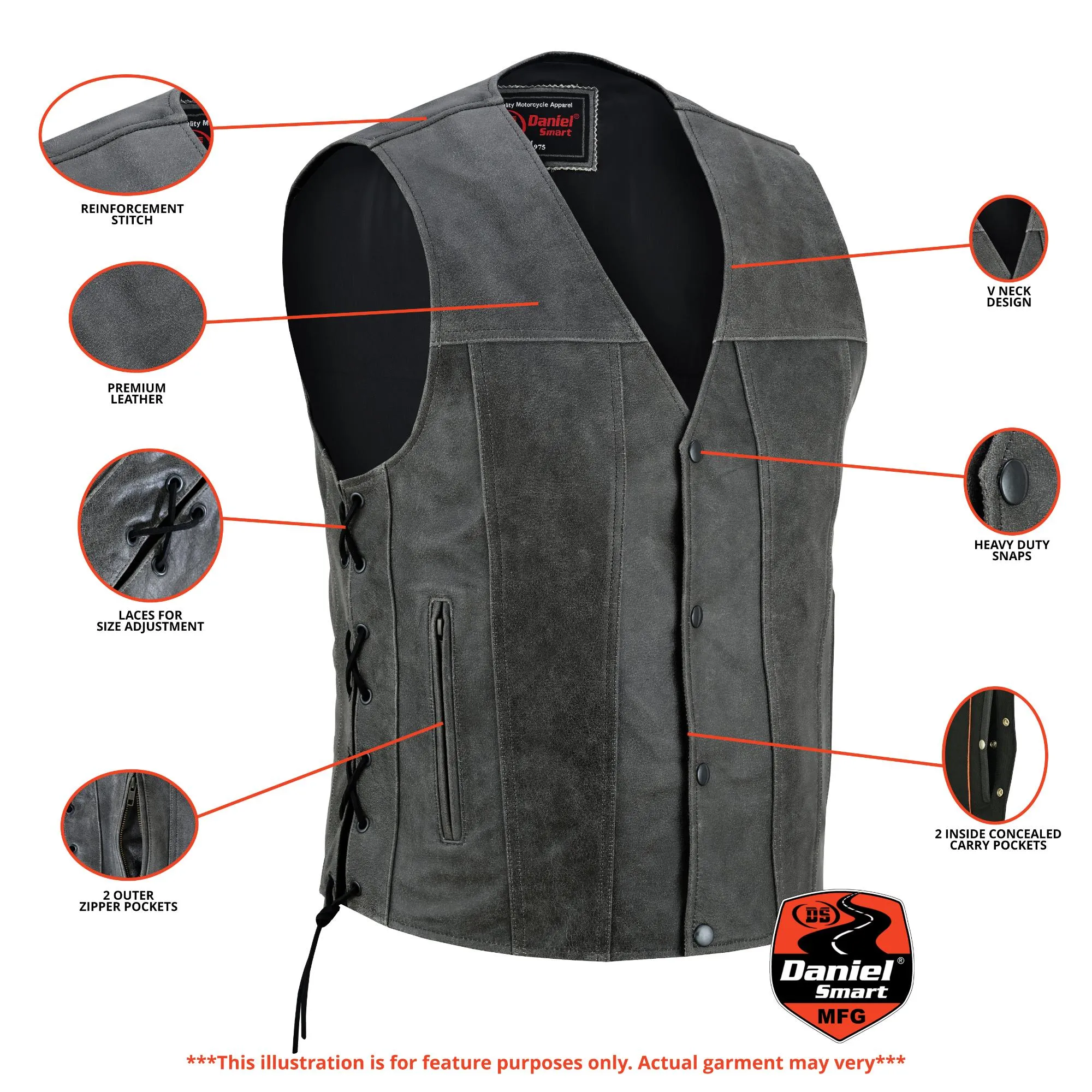 DS105V Men's Gray Single Back Panel Concealed Carry Vest