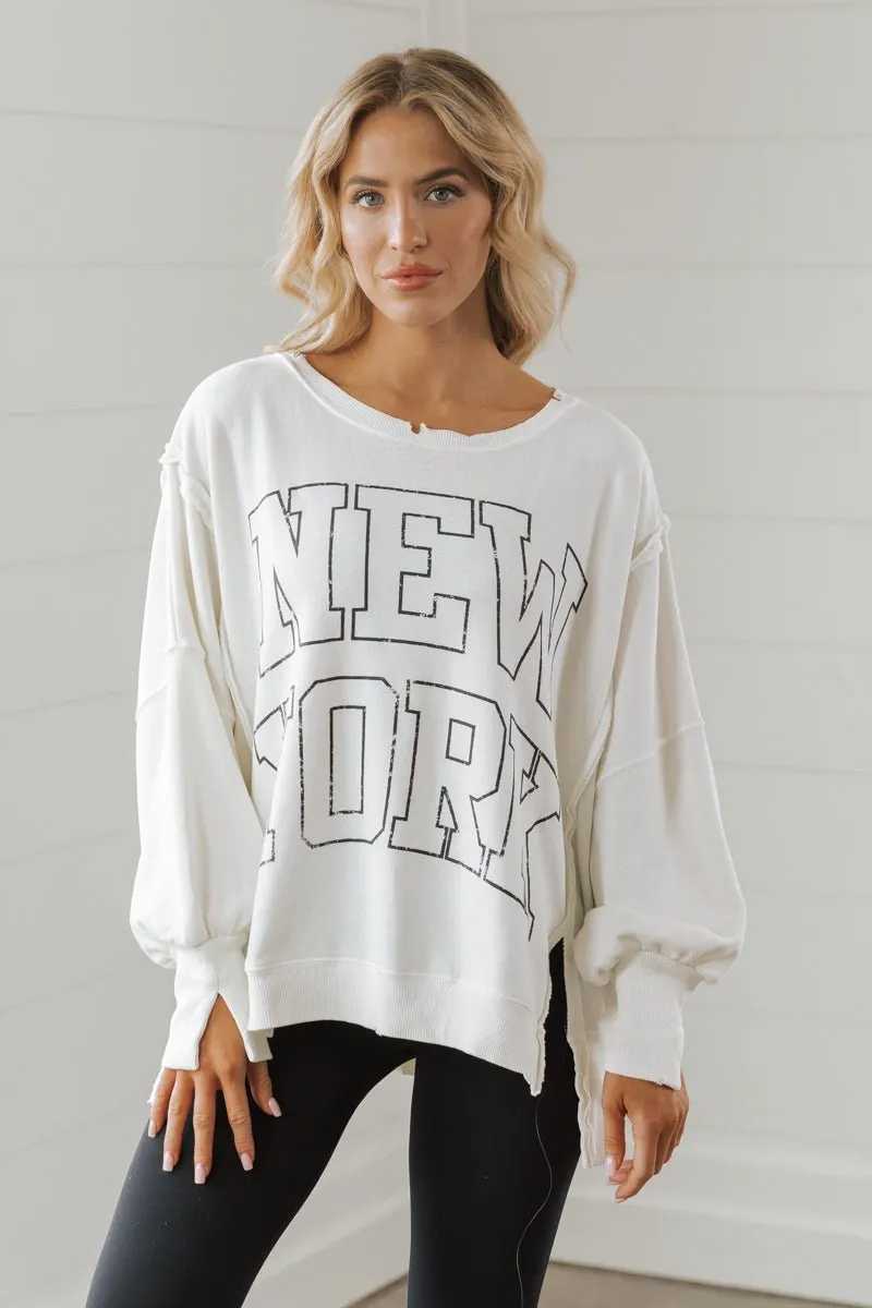 Free People Cream New York Pullover Sweatshirt