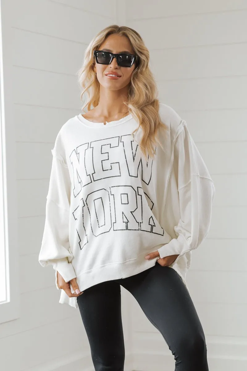 Free People Cream New York Pullover Sweatshirt