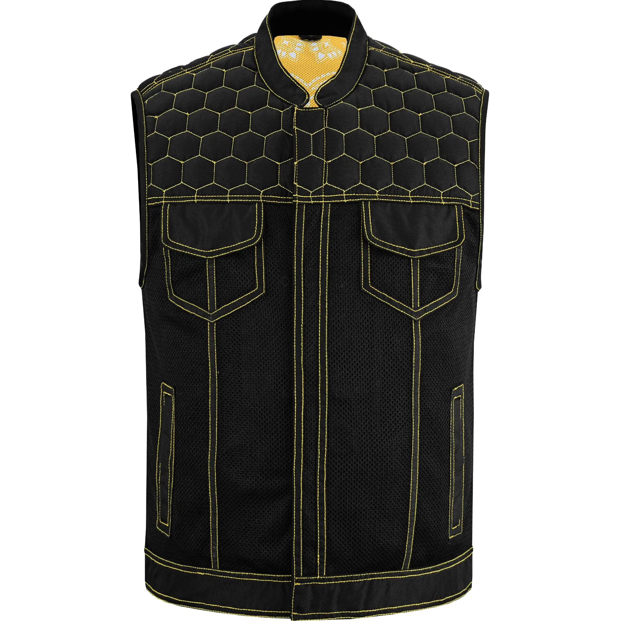 Gloom Gold Men's Black Mesh Textile Vest with Yellow Thread Detailing