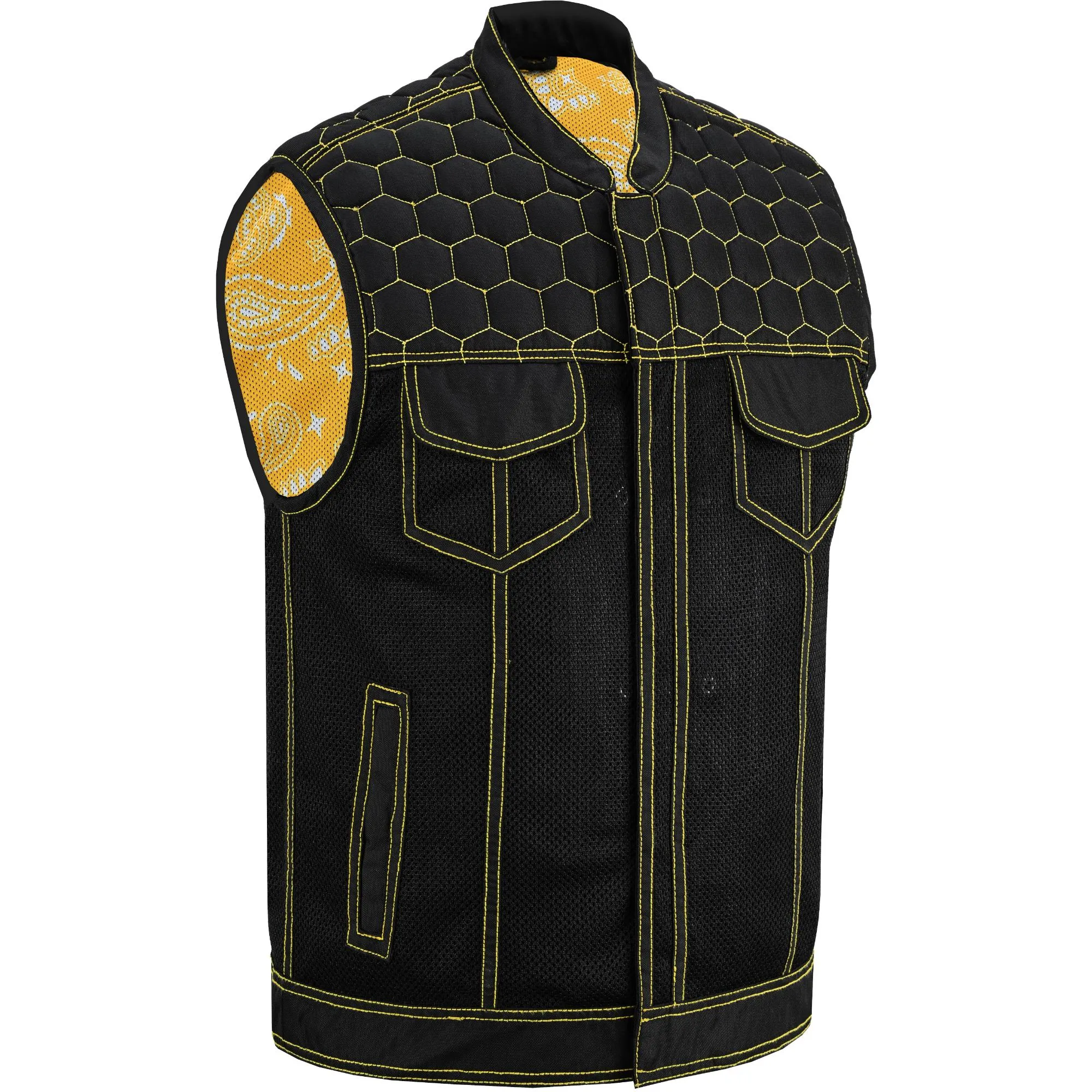 Gloom Gold Men's Black Mesh Textile Vest with Yellow Thread Detailing