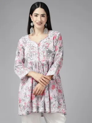 Grey & Coral Cotton Floral Chikan A-Line Kurti