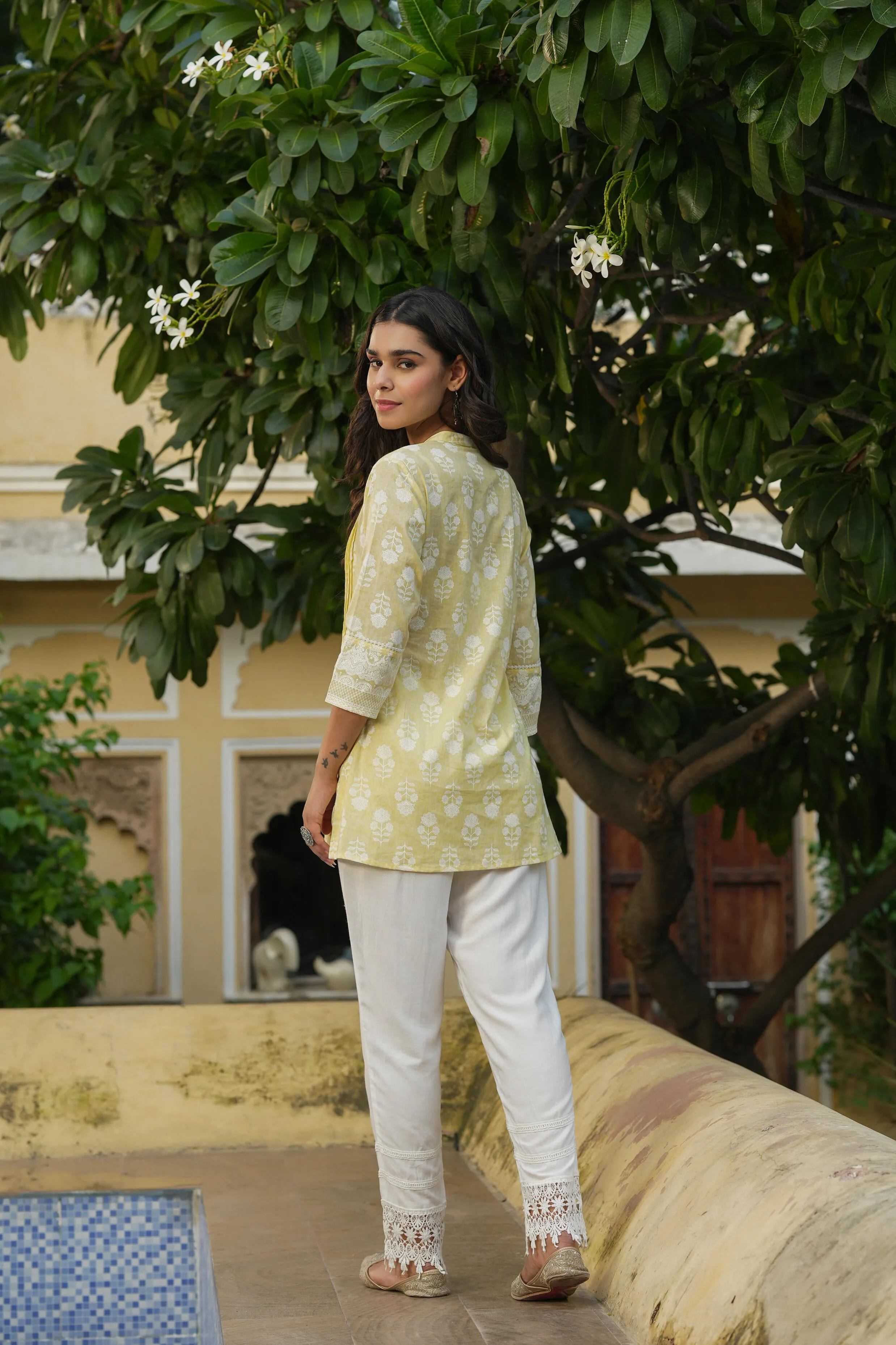 Juniper Light Yellow Ethnic Motif Pure Cotton Tunic with Lace Work