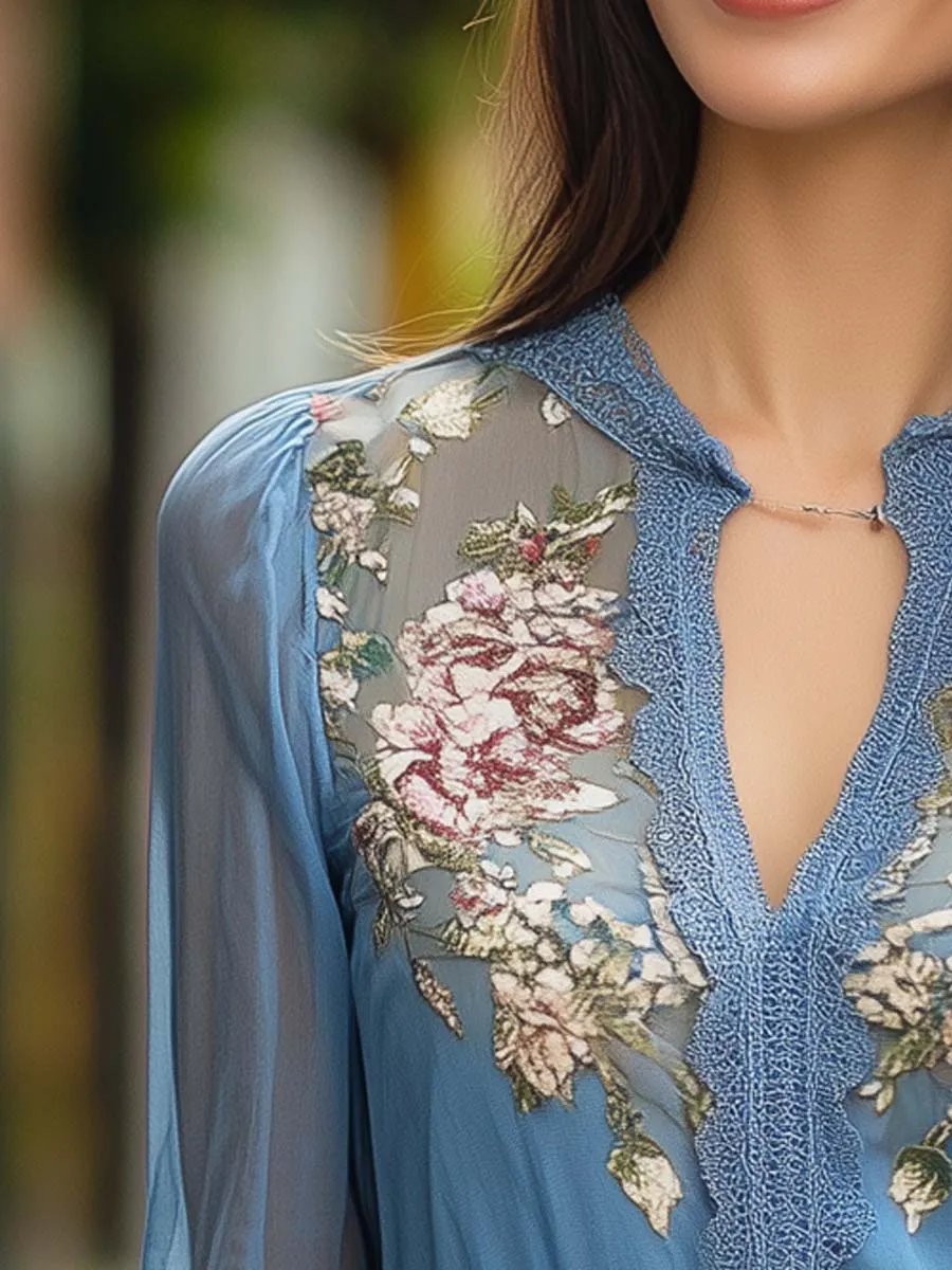 Lace Collar Floral Printed Chiffon Shirt