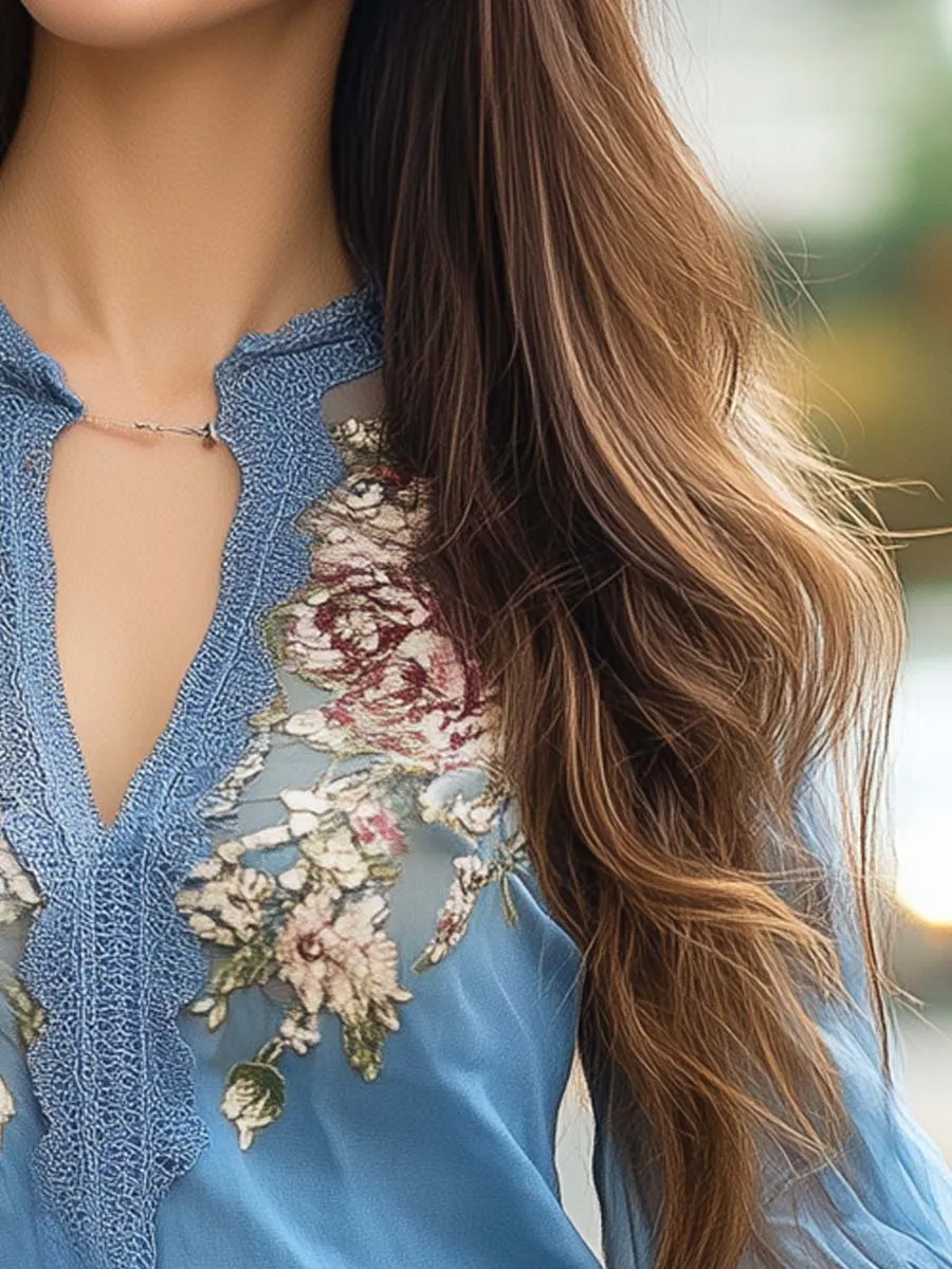 Lace Collar Floral Printed Chiffon Shirt