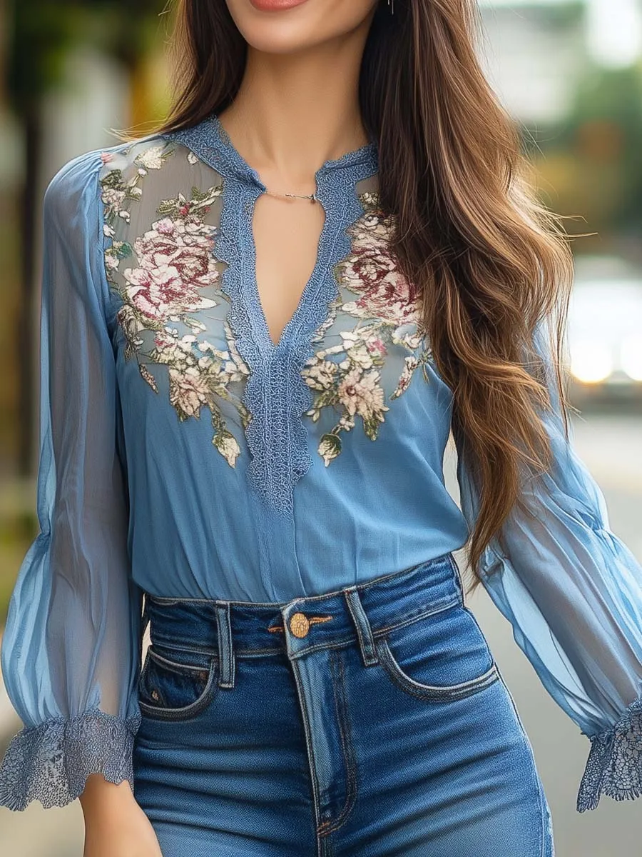 Lace Collar Floral Printed Chiffon Shirt