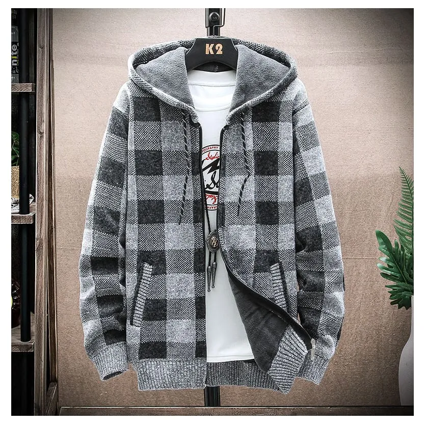 Men Plaid Print Slant Pocket Thermal Lined Drawstring Hooded Jacket