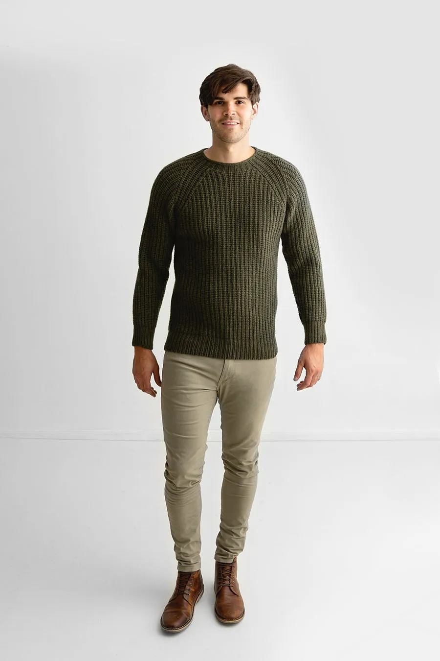 Mens Geelong Superfine Lambswool Fisherman’s Rib Jumper - Green