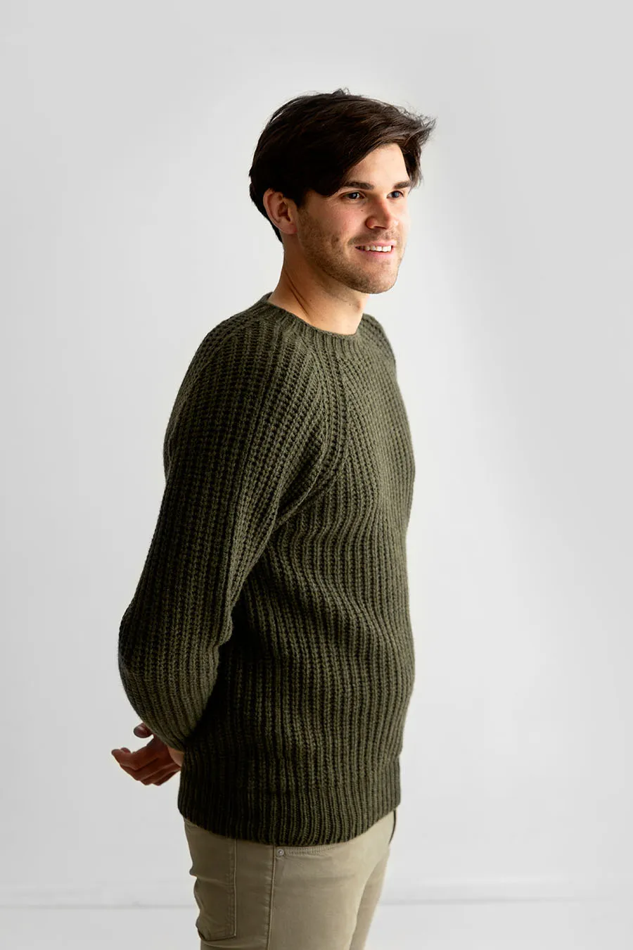 Mens Geelong Superfine Lambswool Fisherman’s Rib Jumper - Green