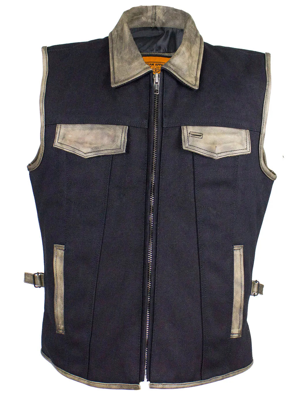 Men's Motorcycle Club Vest with Distressed Brown Leather Trim