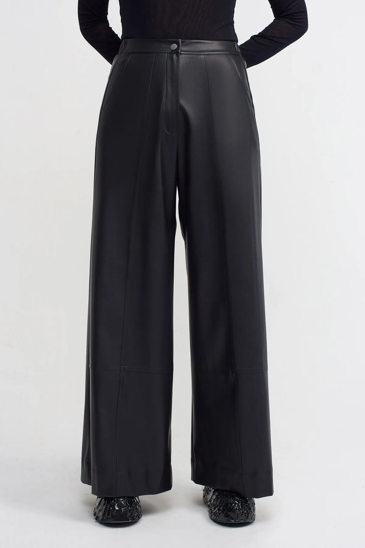 Nu Vegan Leather Wide Leg Trousers Black