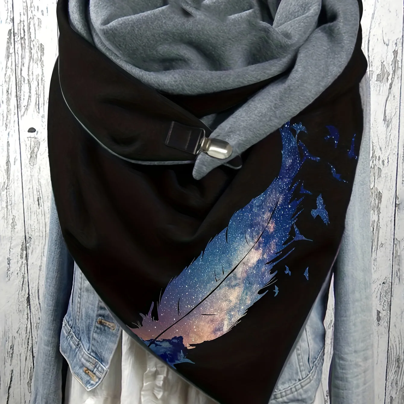 Personality Feather Pattern Triangle Scarf Thick Fleece Lined Soft Warm Buckle Shawl Autumn Winter Coldproof Elastic Wrapped Neck Scarf