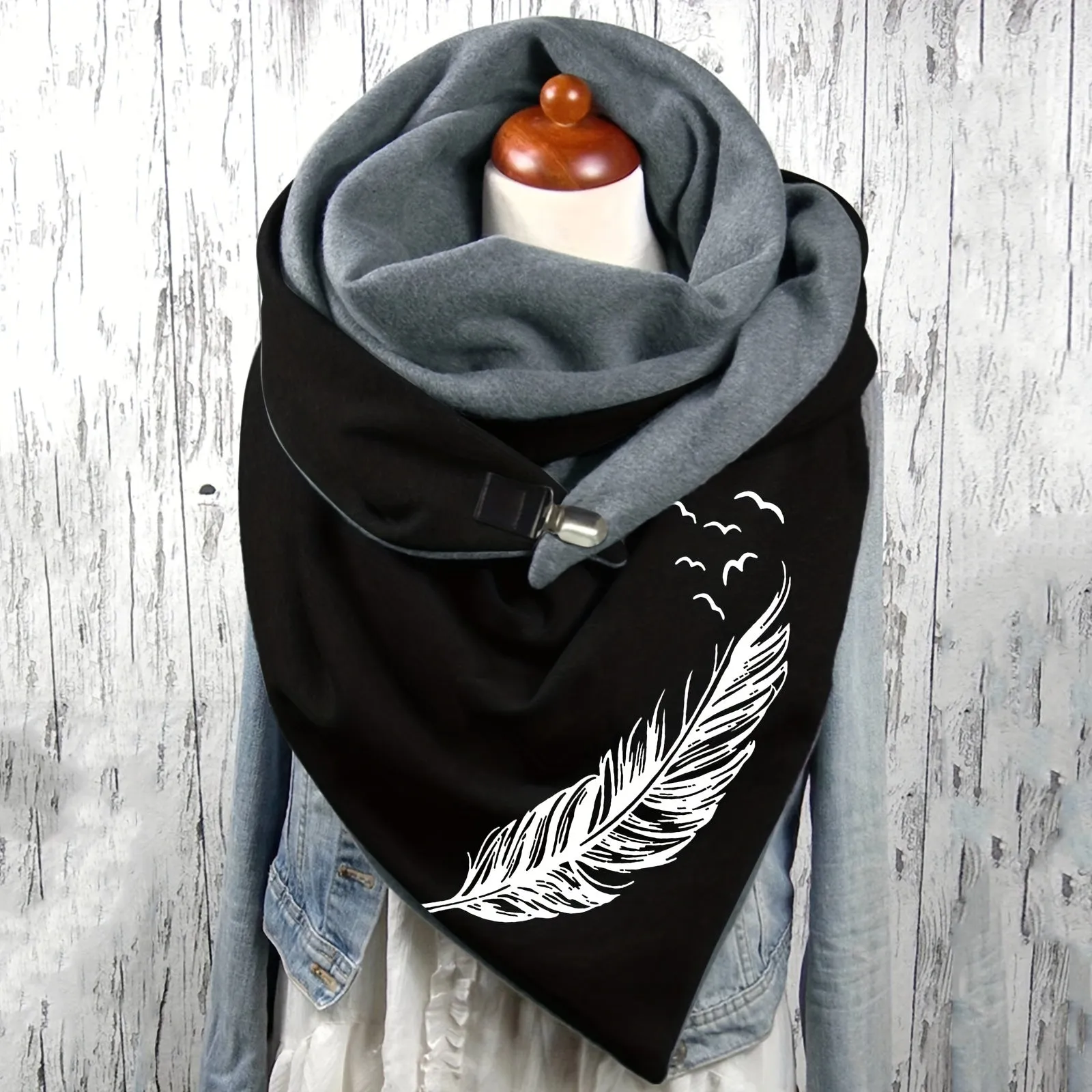 Personality Feather Pattern Triangle Scarf Thick Fleece Lined Soft Warm Buckle Shawl Autumn Winter Coldproof Elastic Wrapped Neck Scarf