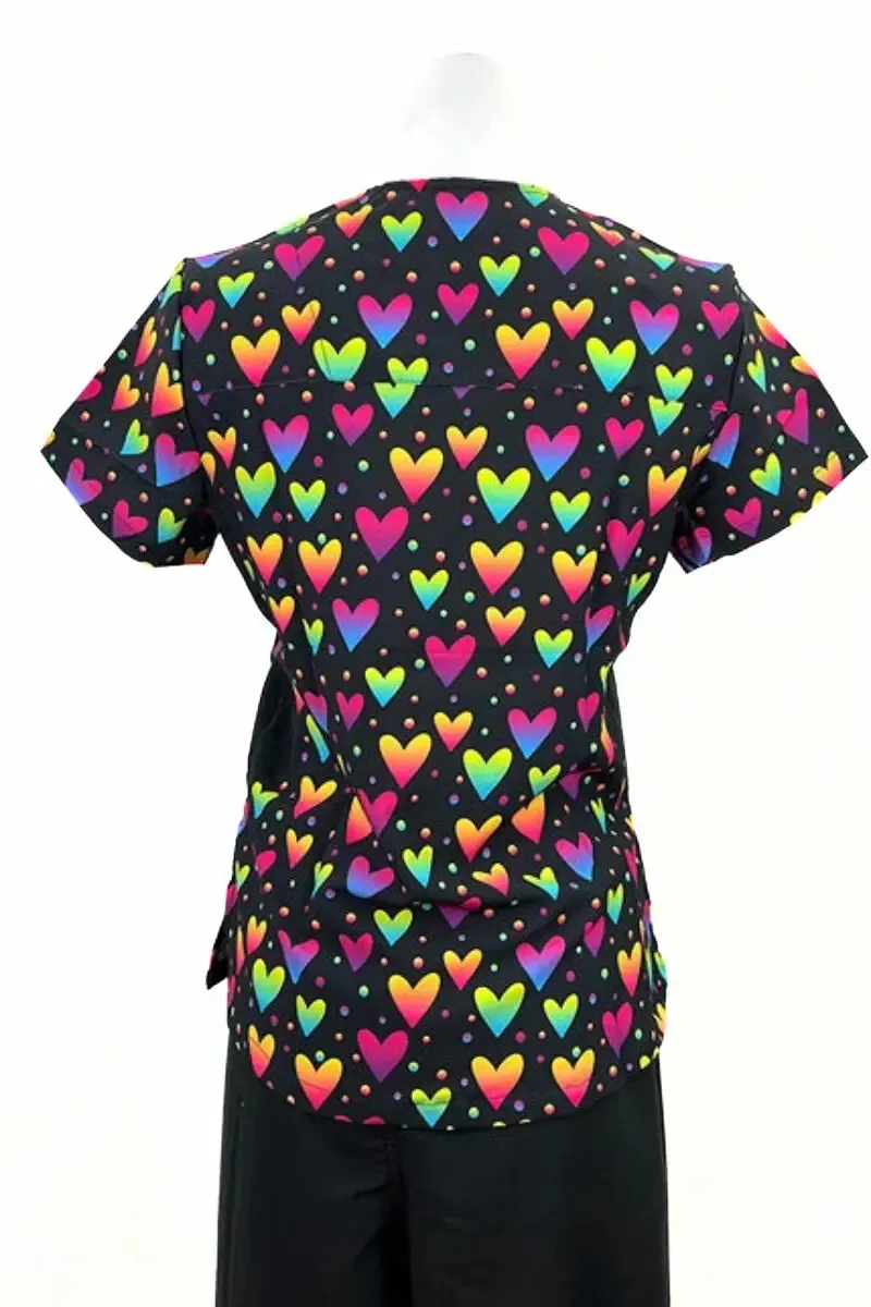 Revel Women's Mock Wrap Print Scrub Top | Mosaic Hearts