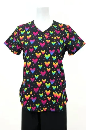 Revel Women's Mock Wrap Print Scrub Top | Mosaic Hearts