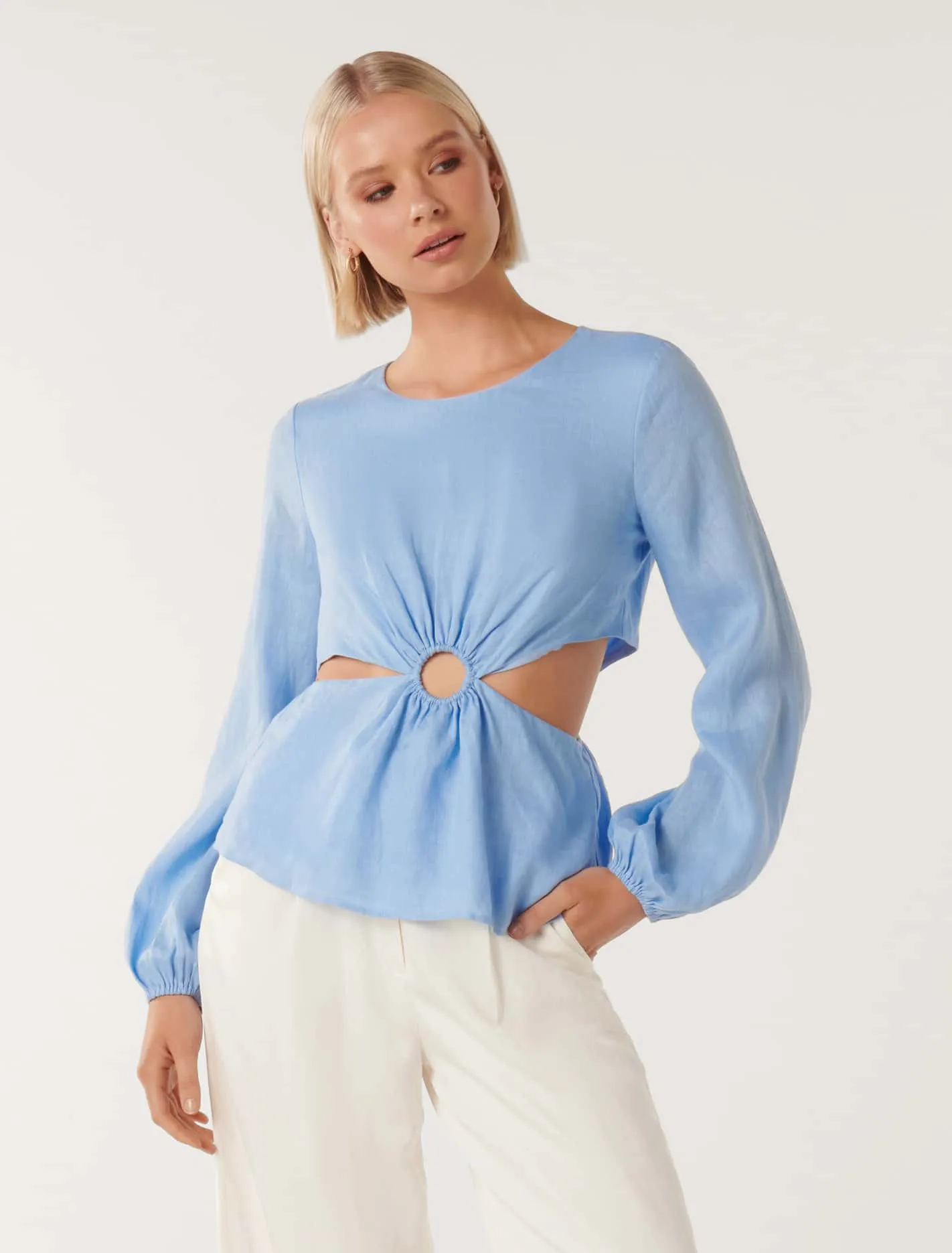 Ria Ring Detail Cutout Linen Top