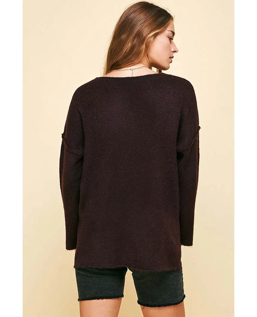 Soft V Neck Knit Sweater Wine