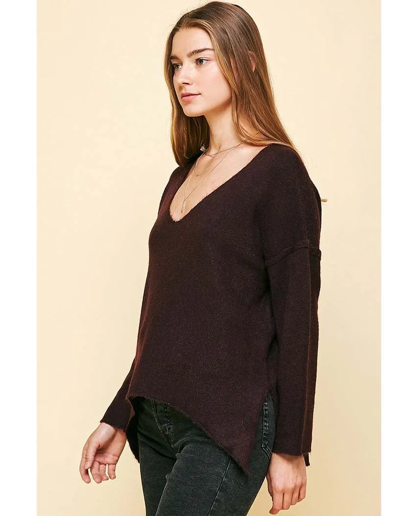 Soft V Neck Knit Sweater Wine