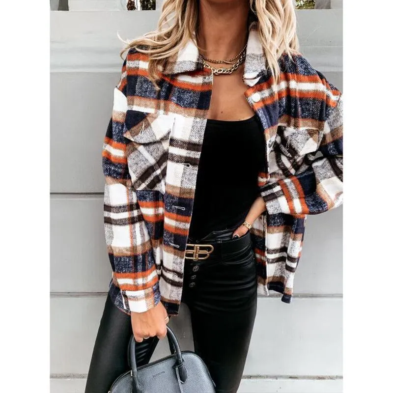 Women retro button fall outerwear long sleeve lightweight plaid coat