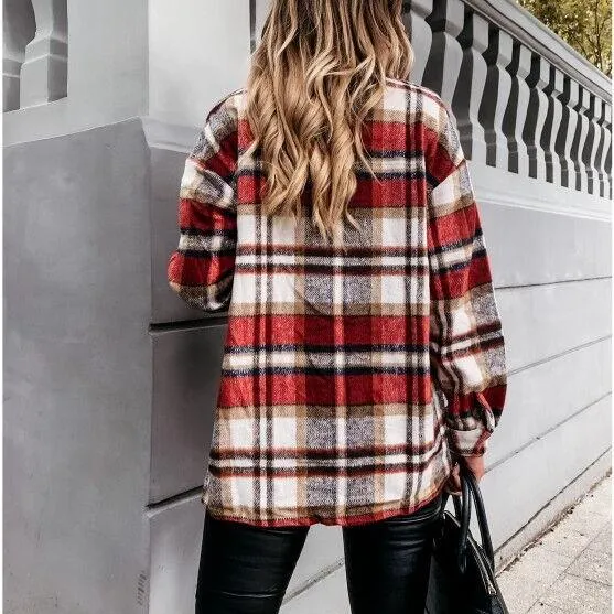 Women retro button fall outerwear long sleeve lightweight plaid coat