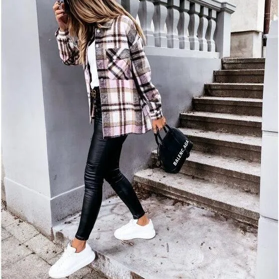 Women retro button fall outerwear long sleeve lightweight plaid coat