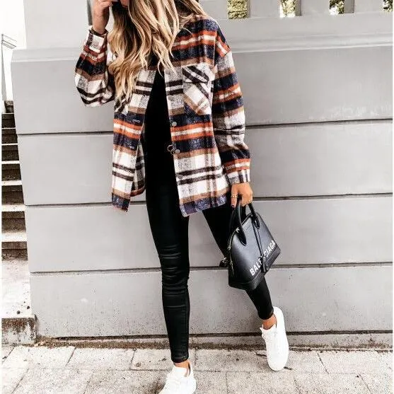 Women retro button fall outerwear long sleeve lightweight plaid coat