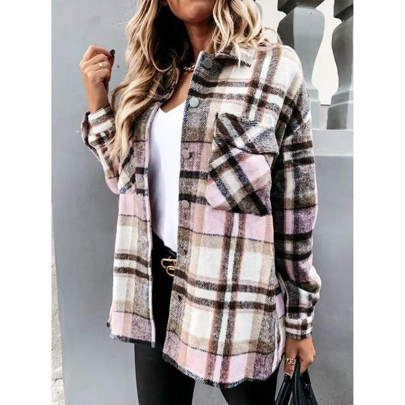 Women retro button fall outerwear long sleeve lightweight plaid coat