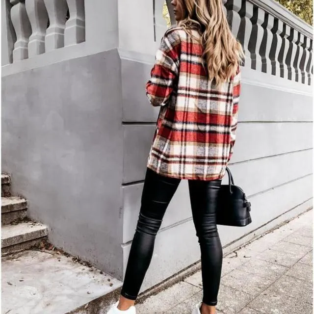 Women retro button fall outerwear long sleeve lightweight plaid coat