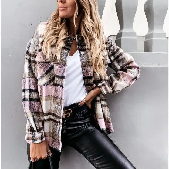 Women retro button fall outerwear long sleeve lightweight plaid coat