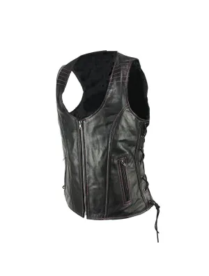 Women's Naked Cowhide Black w/ Pink Stitching Motorcycle Leather vest