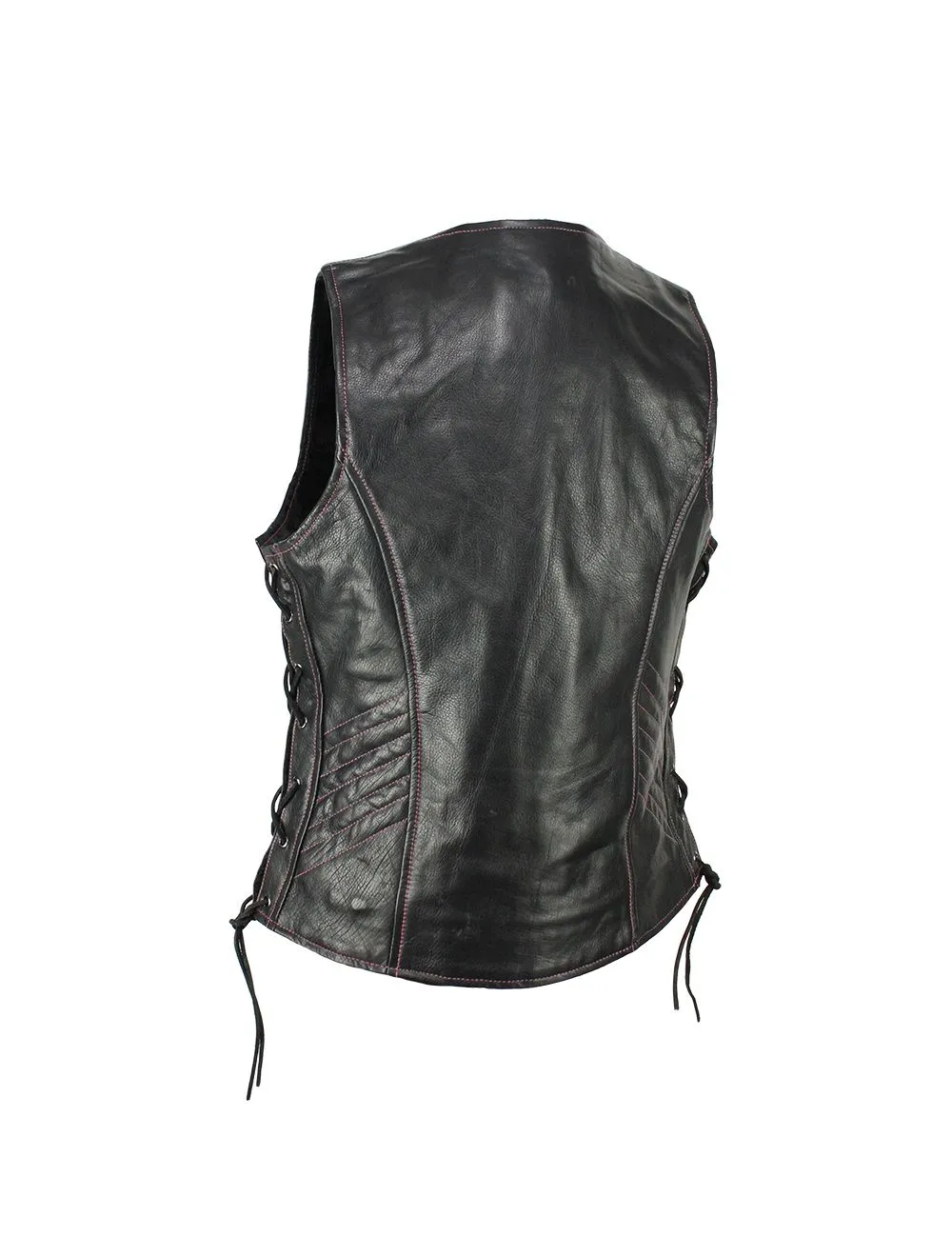 Women's Naked Cowhide Black w/ Pink Stitching Motorcycle Leather vest